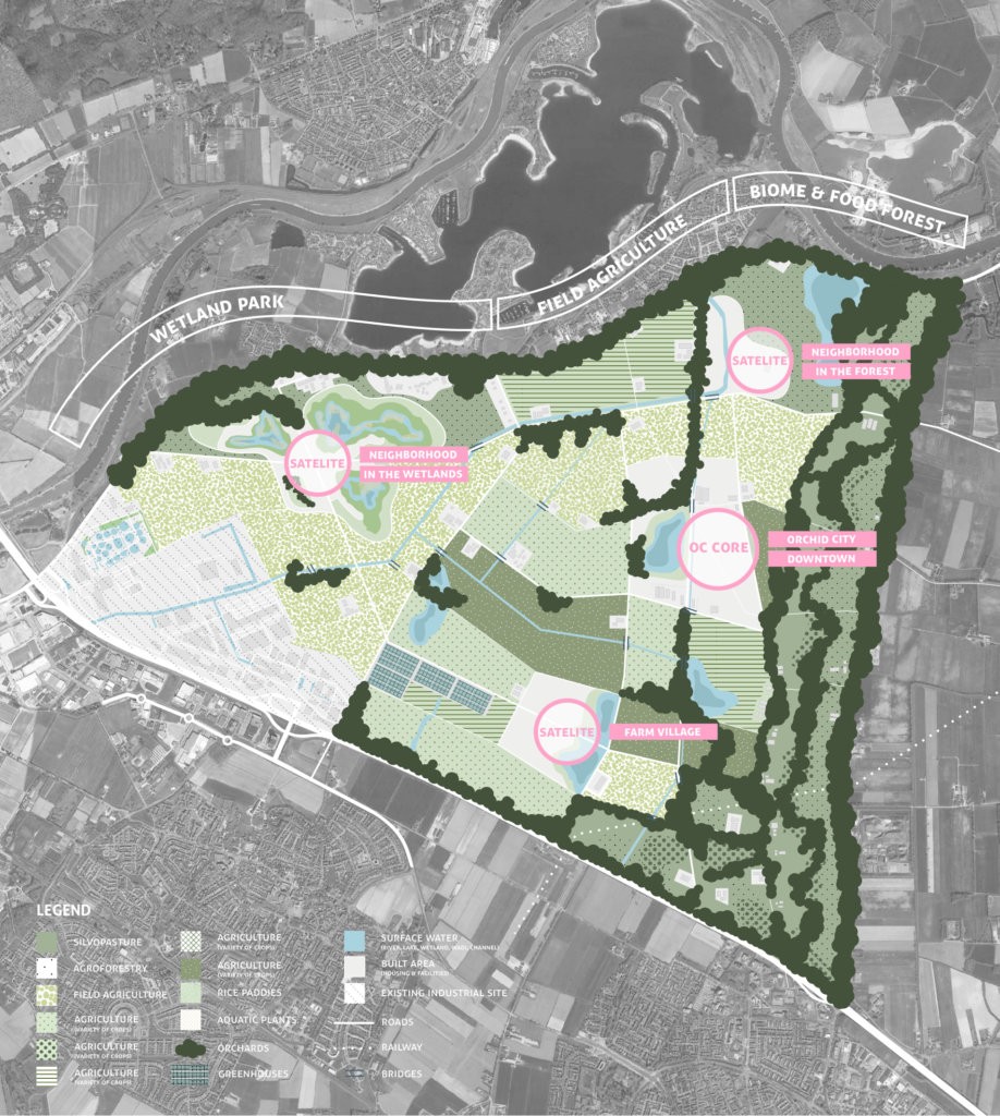 The Woods, from open polder farmland to a compact walkable core.