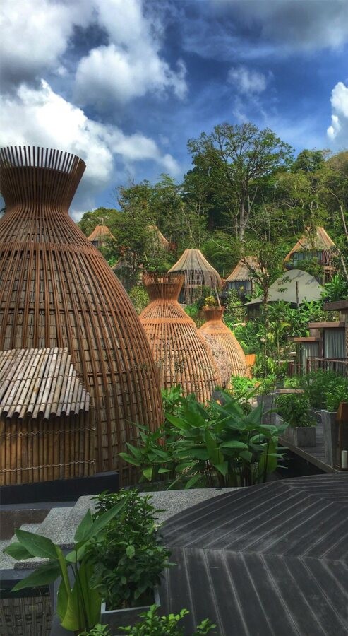 Woven Bamboo Pavilion Roofs Amid Greenery
