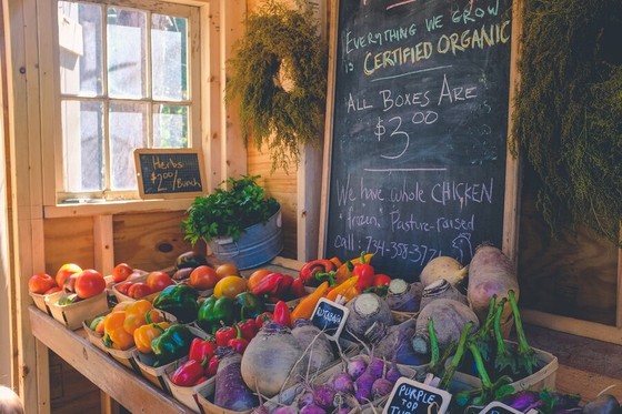 Organic farm stand with peppers, tomatoes and root vegetables